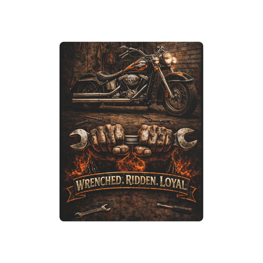 Metal Art Sign — Grimy Mechanic Wrench & Motorcycle Wall Decor ("Wrench, Ridden, Loyal" Theme)