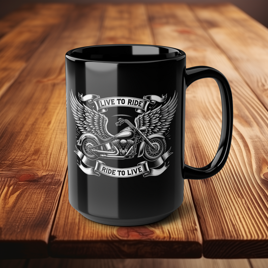 Ride To Live Black Mug, 15oz