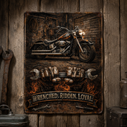 Metal Art Sign — Grimy Mechanic Wrench & Motorcycle Wall Decor ("Wrench, Ridden, Loyal" Theme)