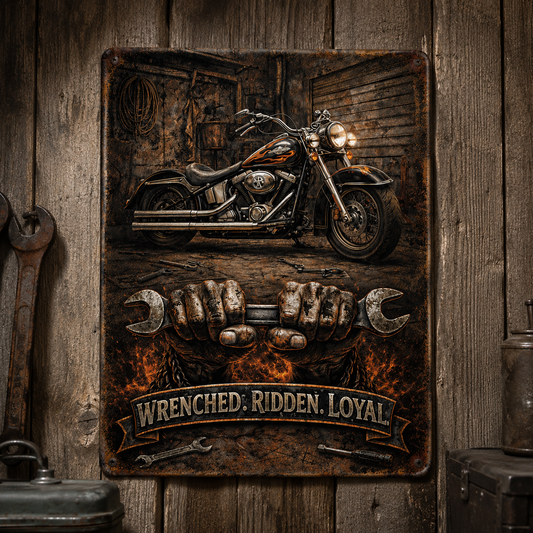 Metal Art Sign — Grimy Mechanic Wrench & Motorcycle Wall Decor ("Wrench, Ridden, Loyal" Theme)
